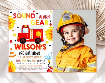 Firetruck Birthday Photo Invitation Firefighter Invite Fireman Party Fire Truck Engine Fire Department Sound the Alarm EDITABLE BT02W