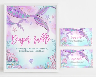 Zeemeermin baby shower tafel bord set luier loterij teken ticket Under The Sea Party decor meisje prinses paars groenblauw gouden staart BEWERKBARE BS37V