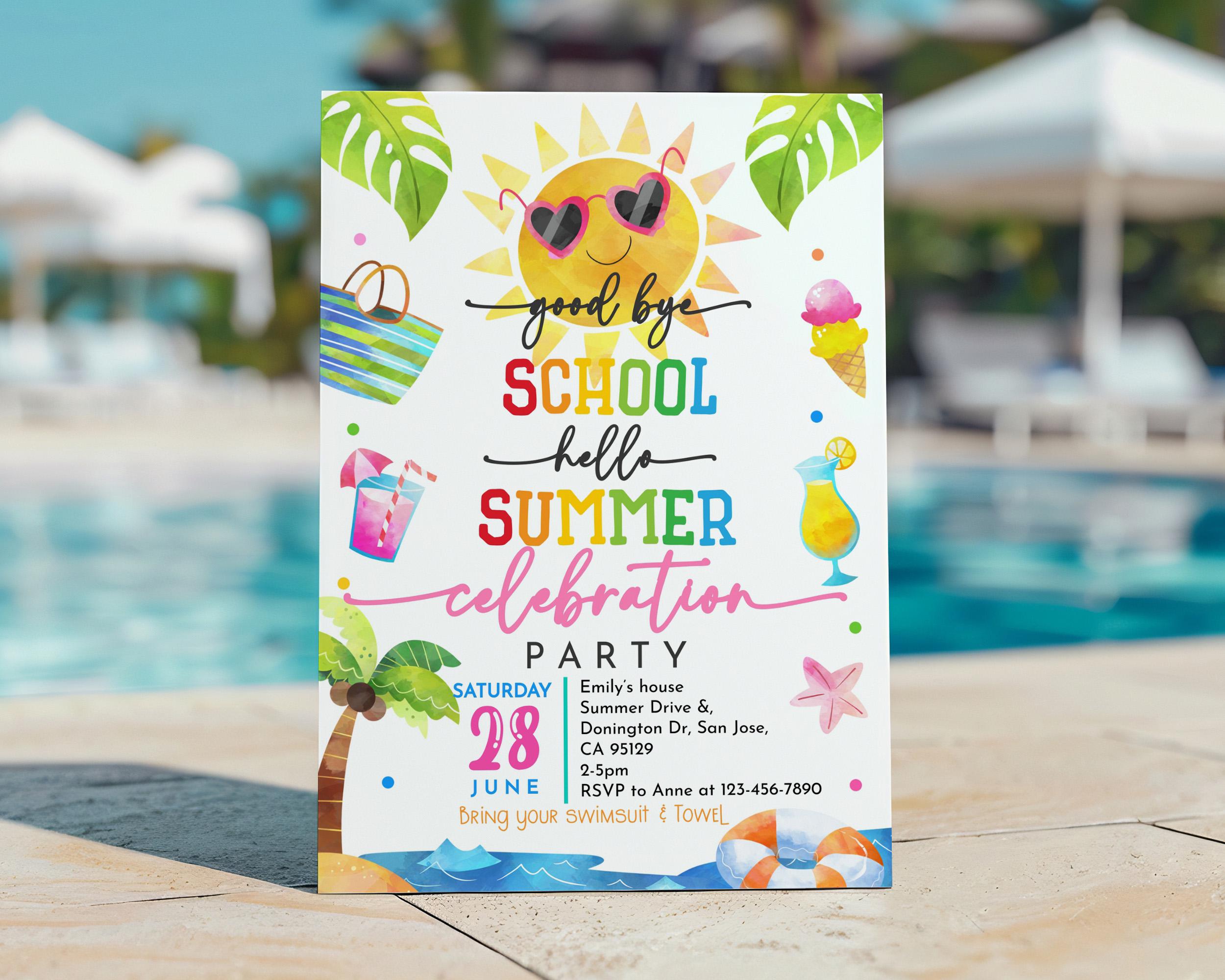 Goodbye School Hello Summer Invitation End of School Party Invite Sun Beach Swim Pool Palm Tree Tropical Schools Out EDITABLE Template SU02P