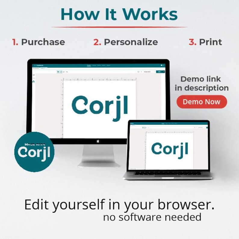 May include: A digital design platform is displayed on a desktop computer and a laptop. The text on the screen says "Corjl". The image also includes the text "How It Works", "Edit yourself in your browser. no software needed", and "Demo Now".
