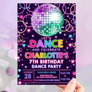 Dance Party Birthday Invitation Teen Girls Birthday Party Invite Neon Glow Rainbow Disco Ball Retro Music 90s 80s EDITABLE Template BT74V