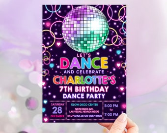 Dance Party Birthday Invitation Teen Girls Birthday Party Invite Neon Glow Rainbow Disco Ball Retro Music 90s 80s EDITABLE Template BT74V