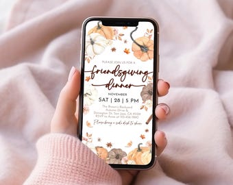 Friendsgiving Dinner Party Evite, Fall Pumpkin Digital Invitation, Thanksgiving, Orange Mobile Phone Electronic Text Invite EDITABLE HL47O