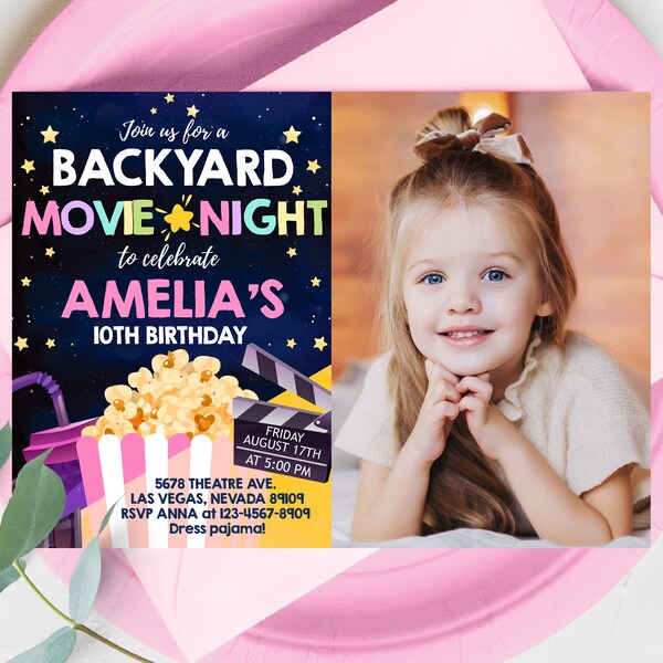 Backyard Movie Night Photo Invitation Sleepover Birthday Party Invite Under The Stars Teen Girl Pajama Popcorn Slumber Party EDITABLE BT05P