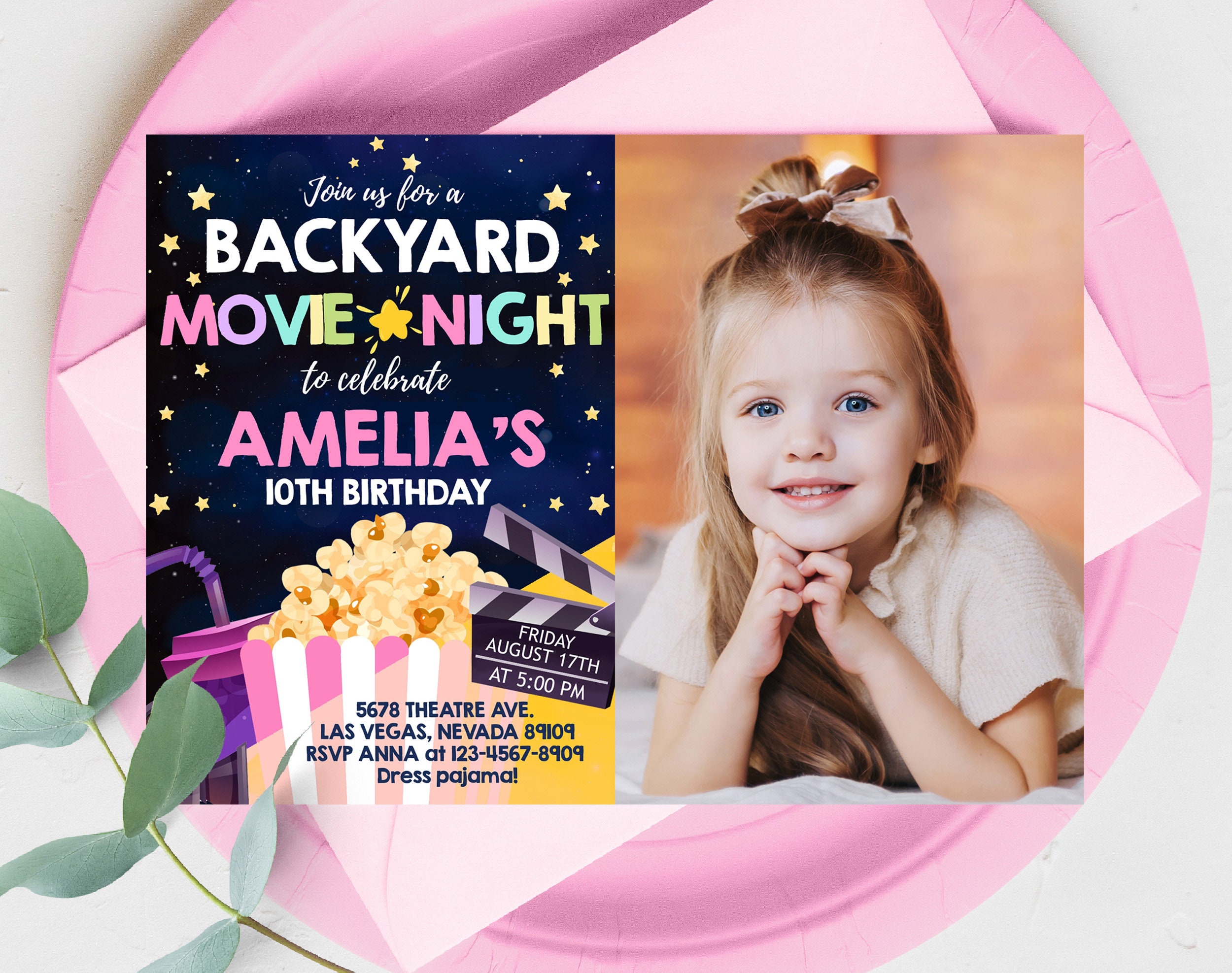 Backyard Movie Night Birthday Photo Invitation Under the Stars Invite ...