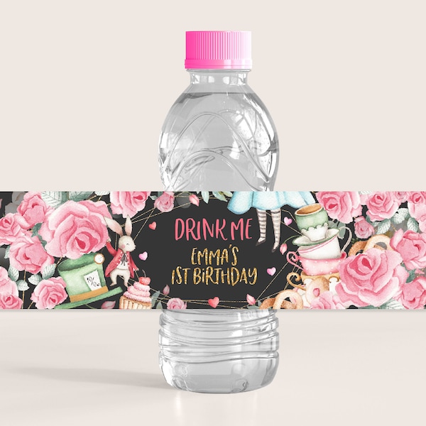 Alice in Wonderland Water Bottle Label Alice in Onederland Girl First Birthday Party Decor Mad Hatter Tea Party Drink Labels Printable BT11K