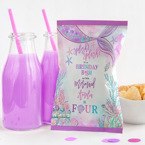 Meerjungfrau Chip Tasche Label Girl 1.Geburtstag Party Dekor Unter dem Meer Prinzessin magisch Lila Teal Gold Schwanz Snack Leckereien Tasche Printable BT48V