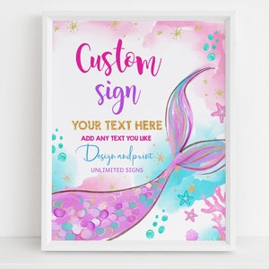 Mermaid Baby Shower Custom Sign Under The Sea Birthday Table Sign Girl Princess Magical Purple Teal Gold Mermaid Tail EDITABLE BS37V BT48V
