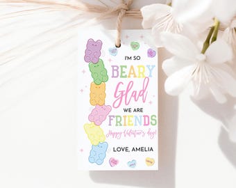 Gummy Bear Valentine Tags I'm So Beary Glad We Are Friends Happy Valentines Day Gift Tag Kids School Classroom Class Cards Printable HL67P