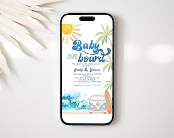 May include: A blue and white baby shower invitation with a cartoon image of a van with a surfboard on the side. The text on the invitation reads "Baby on board" and includes details about the shower, including the date, time, location, and RSVP information.