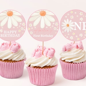 Gänseblümchen Cupcake Toppers Mädchen 1. Geburtstag Party Dekor Retro Groovy Boho Blumen Gänseblümchen Rosa Wilde Blume Dessert Etiketten Printable BT84P