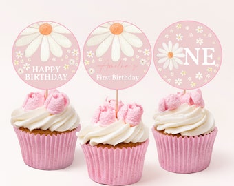 Daisy Cupcake Toppers Girl 1st First Birthday Party Decor Retro Groovy Boho Floral Daisies Pink Wild Flower Dessert Labels Printable BT84P