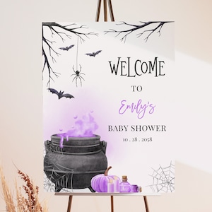 Ein Baby braut Halloween-Babyparty-Willkommensschild Hexe Gender Neutral Poster Mädchen Lila Herbst Herbst Party Veranda Zeichen EDITIERBAR BS66V