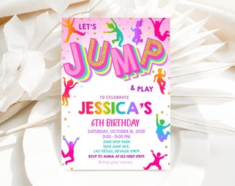 Jump Birthday Invitation Trampoline Park Birthday Invite Kids Let's Jump Party Bounce House Neon Glow Pink Jumping EDITABLE Template BTD034