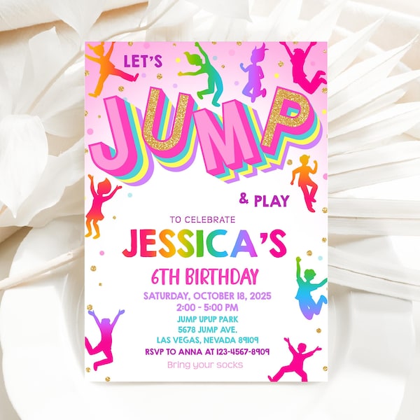 Jump Birthday Invitation Trampoline Park Birthday Invite Kids Let's Jump Party Bounce House Neon Glow Pink Jumping EDITABLE Template BTD034