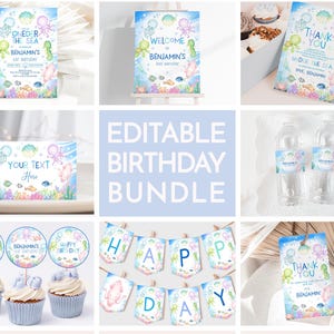 May include: Editable under the sea birthday party printable bundle with a blue, green, and pink color scheme. Includes invitations, thank you cards, cupcake toppers, water bottle labels, and a banner. The text on the invitations says "One-der the Sea" and "Benjamin's 1st Birthday". The text on the thank you cards says "Thank You" and "Under the Sea, Love Benjamin". The text on the cupcake toppers says "One", "Benjamin's 1st Birthday", and "Happy Birthday". The text on the water bottle labels says "Benjamin's 1st Birthday". The text on the banner says "Happy Birthday".