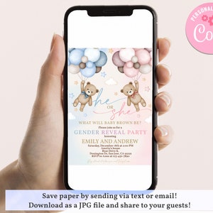 Teddy Bear Gender Reveal Invitation We Can Bearly Wait Invite Boy or Girl He or She Blue Pink Hot Air Balloons Pampas Grass EDITABLE BS21M image 3