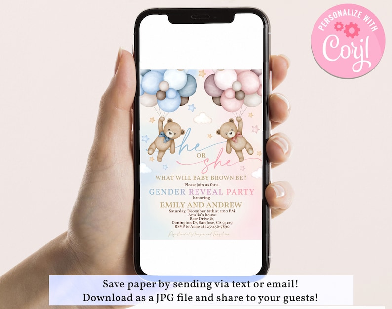 Teddy Bear Gender Reveal Invitation We Can Bearly Wait Invite Boy or Girl He or She Blue Pink Hot Air Balloons Pampas Grass EDITABLE BS21M image 3