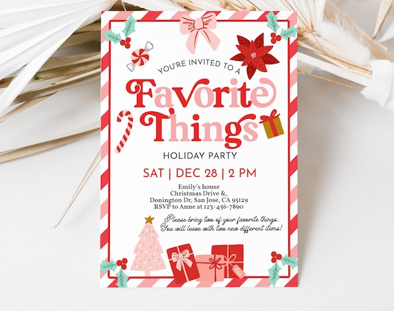 Christmas Favorite Things Invitation, Holiday Gift Exchange Invite, Friendsmas, Ladies Night, Pink Bow Friends Gifts Swap EDITABLE HL60R