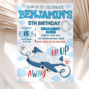 Airplane Birthday Invitation Party Boy Plane Invite Up Up Away Clouds Sky Blue Kids Aircraft EDITABLE Template Instant Download BTD003