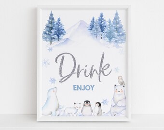 Winter Onederland Table Sign Drink Wonderland Baby Shower Boy Girl 1st Birthday Party Decor Polar Bear Arctic Animals Printable BS06B BT46B