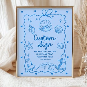 Enseigne personnalisée bleu coquillages côtiers, affiche d'anniversaire de coquillages, shower de bébé sur la plage sur l'océan, table de bébé Sea You Soon imprimable BR20B AS80B CT15B