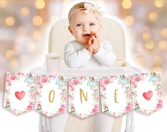 Alice in Wonderland High Chair Banner Alice in Onederland Bunting Flag Girl 1st First Birthday Decor Mad Hatter Tea Party EDITABLE BT11P