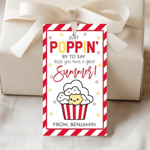 Just Poppin' By To Say Een geweldige zomer Popcorn Cadeaukaartje Einde schooljaar Tags Student Leraar Klas PTO Afdrukbare PTA SU05R