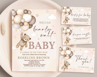 May include: A baby shower invitation featuring a teddy bear holding balloons. The invitation reads "We can bearly wait baby" and provides details for the shower, including the date, time, and location. The invitation also includes a thank you card with the text "Thank you! Love, Emily & James".