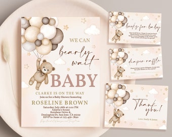 EDITABLE Bear Baby Shower Invitation Set We Can Bearly Wait Package Beary Cute Suite Teddy Bear Beige Brown Balloons Bundle Template BS21E