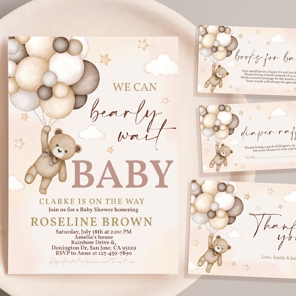 Ensemble d'invitations modifiable pour baby shower oursons, paquet We Can Bearly Wait, ensemble de ballons Beary mignon suite ours en peluche beige marron, modèle BS21E