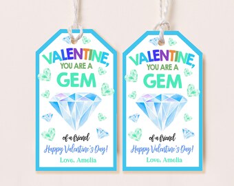 Valentine Tag You're A Gem Best Friend Happy Valentines Day Gift Tags Jewelry Ring Pop Candies Card Classroom School Printable Template HL38