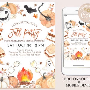 May include: A printable invitation for a fall party with a watercolor design featuring pumpkins, bats, leaves, a campfire, and s'mores. The text on the invitation reads "Let's get together Fall Party Food, Music, Dance, Drinks and More! Sat | Oct 28 | 2 PM Autumn Drive & Donington Dr, San Jose, CA 95129 RSVP to Anne at 123-456-7890".
