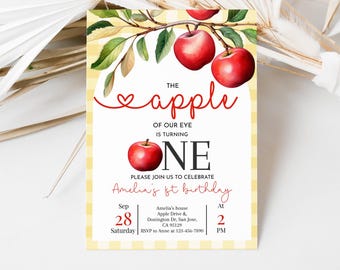 Apple Birthday Invitation, Apple of Our Eye Girl Birthday Party Invite, Fall Apple Picking Orchard, Yellow Gingham Sweet One EDITABLE AT33R