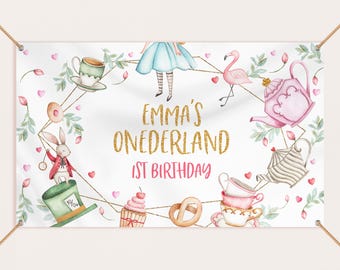 Fondo de Alicia en el País de las Maravillas, pancarta, decoración para el primer cumpleaños de niña, fiesta del té del Sombrerero Loco, fotomatón floral rosa y dorado, editable BT11W