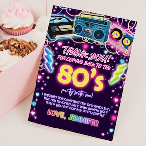 Cartão de agradecimento para festa dos anos 90, 40º aniversário, nota de agradecimento, retrô dos anos 80, de volta aos anos 90, neon, brilho, discoteca, dança, hip hop, para impressão BT49