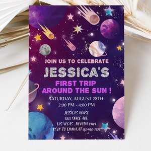 First Trip Around the Sun Birthday Party Invitation Galaxy Space Invite 1st The Outer World Planet EDITABLE Template Instant Download BTD014