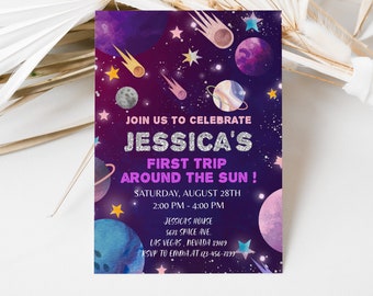 First Trip Around the Sun Birthday Party Invitation Galaxy Space Invite 1st The Outer World Planet EDITABLE Template Instant Download BTD014