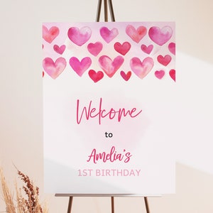 Valentines Day Birthday Welcome Sign Sweetheart Birthday Poster Girl First Valentine Party Yard Sign Pink Red Hearts Balloon EDITABLE AT25P