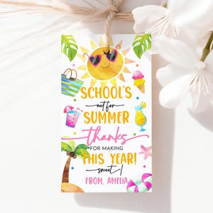 Schooluitje voor de zomer Cadeaukaartjes Eindejaar Bedankkaartje Leraar Waardering Strandfeest Zonnebril Palmboom Tropisch Afdrukbaar SU02P