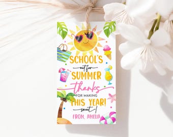 School's Out for Summer Gift Tags End of Year Favor Tag Teacher Appreciation Beach Party Sun Sunglasses Palm Tree Tropical Printable SU02P