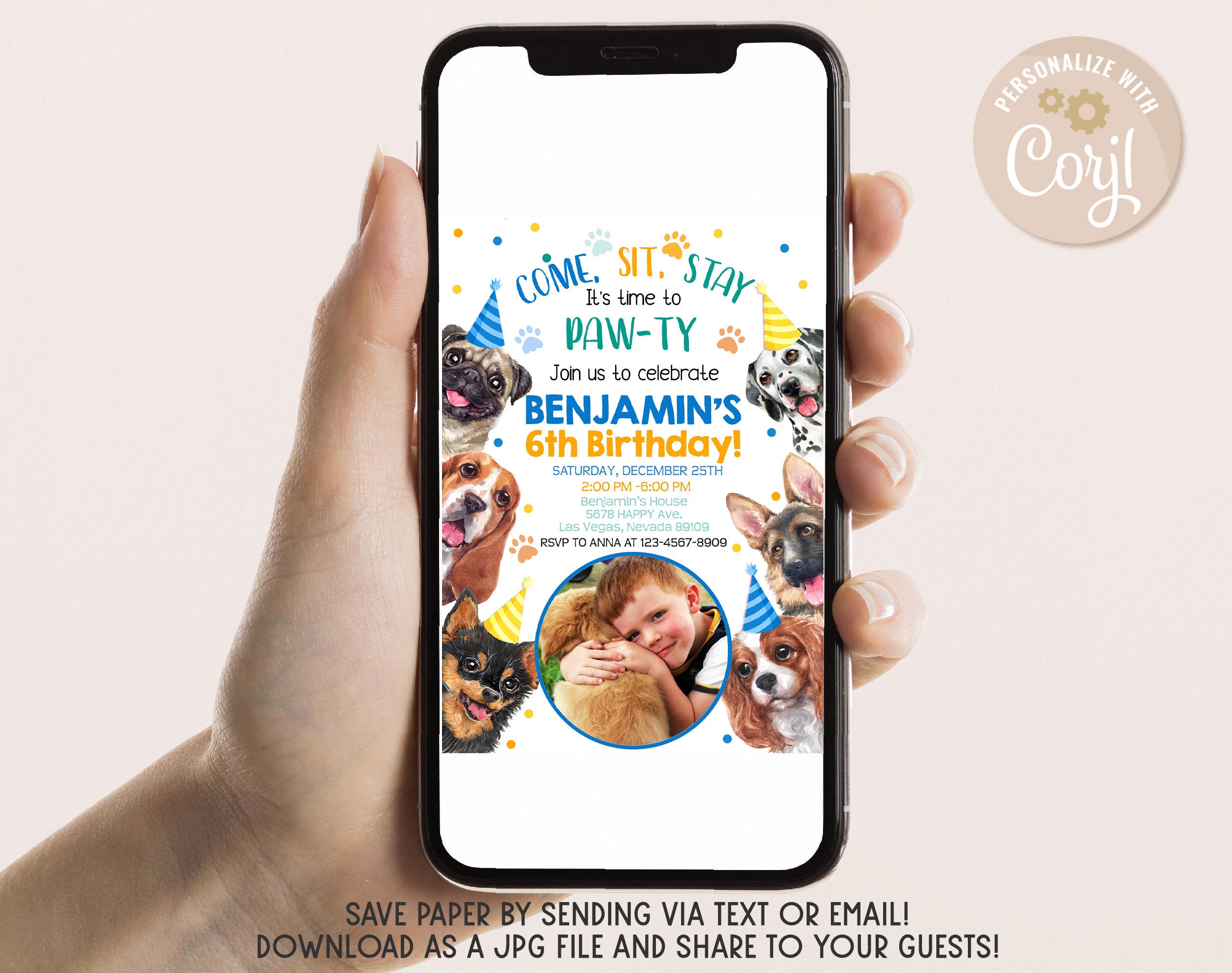 Dog Birthday Photo Invitation Boy 1st Birthday Party Invite Blue Puppy ...