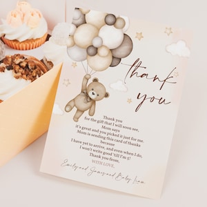 Miś z podziękowaniami Karta z podziękowaniami na jesienne baby shower Notatka z podziękowaniami Jesień 1 Pierwsze urodziny Brązowy boho beżowy Balony powietrzne EDYTOWALNE BS21E BT81E