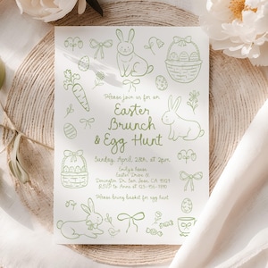 May include: An invitation for an Easter Brunch & Egg Hunt. The invitation features green line drawings of Easter eggs, bunnies, carrots, and bows. The text reads "Please join us for an Easter Brunch & Egg Hunt" with the date, time, and location.