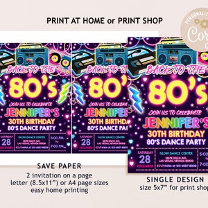 Pode incluir: Um convite imprim&iacute;vel para uma festa de anivers&aacute;rio de 30 anos com um tema dos anos 80 em neon. O convite apresenta um toca-fitas retro e uma fita cassete com o texto "De volta aos anos 80" em cores neon. O convite &eacute; para uma festa de dan&ccedil;a e inclui a data, a hora e o local.