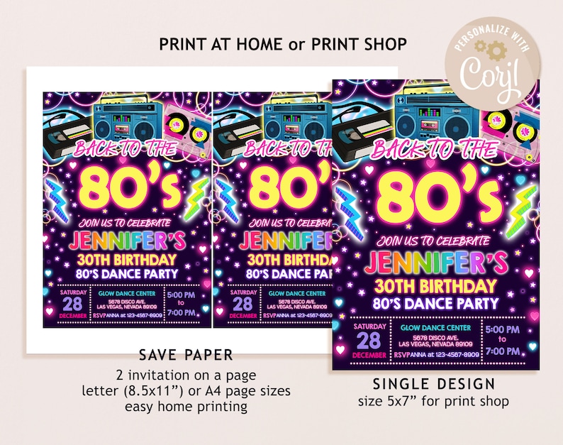 Pode incluir: Um convite imprim&iacute;vel para uma festa de anivers&aacute;rio de 30 anos com um tema dos anos 80 em neon. O convite apresenta um toca-fitas retro e uma fita cassete com o texto "De volta aos anos 80" em cores neon. O convite &eacute; para uma festa de dan&ccedil;a e inclui a data, a hora e o local.