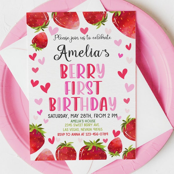 Invitation d'anniversaire aux fraises, premier anniversaire de baies, invitez une fille 1ère fête aux fraises, baie douce, fruit d'été rose rouge MODIFIABLE BT37P