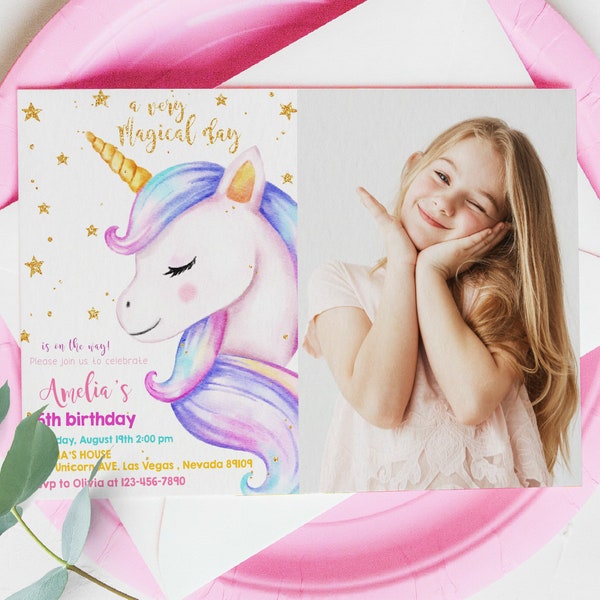 Unicorn Photo Invitation Birthday Party Invite Rainbow Gold Glitter Pink Girl Magical Day EDITABLE Digital Template Instant Download BTD020
