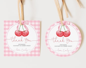 Cherry Birthday Favor Tags Cherry on Top Girl Baby Shower Gift Tag Coquette Red Pink Bow Cherries Thank You Tags Sweet Printable BS95P AT34P