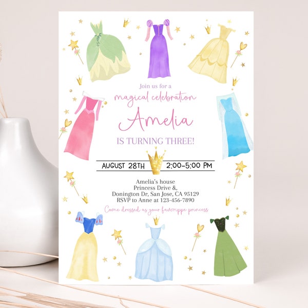 Princess Birthday Invitation Once Upon a Time Princess Dresses Invite Royal Girl Pink Dress Up Party Magical Celebration EDITABLE AT14